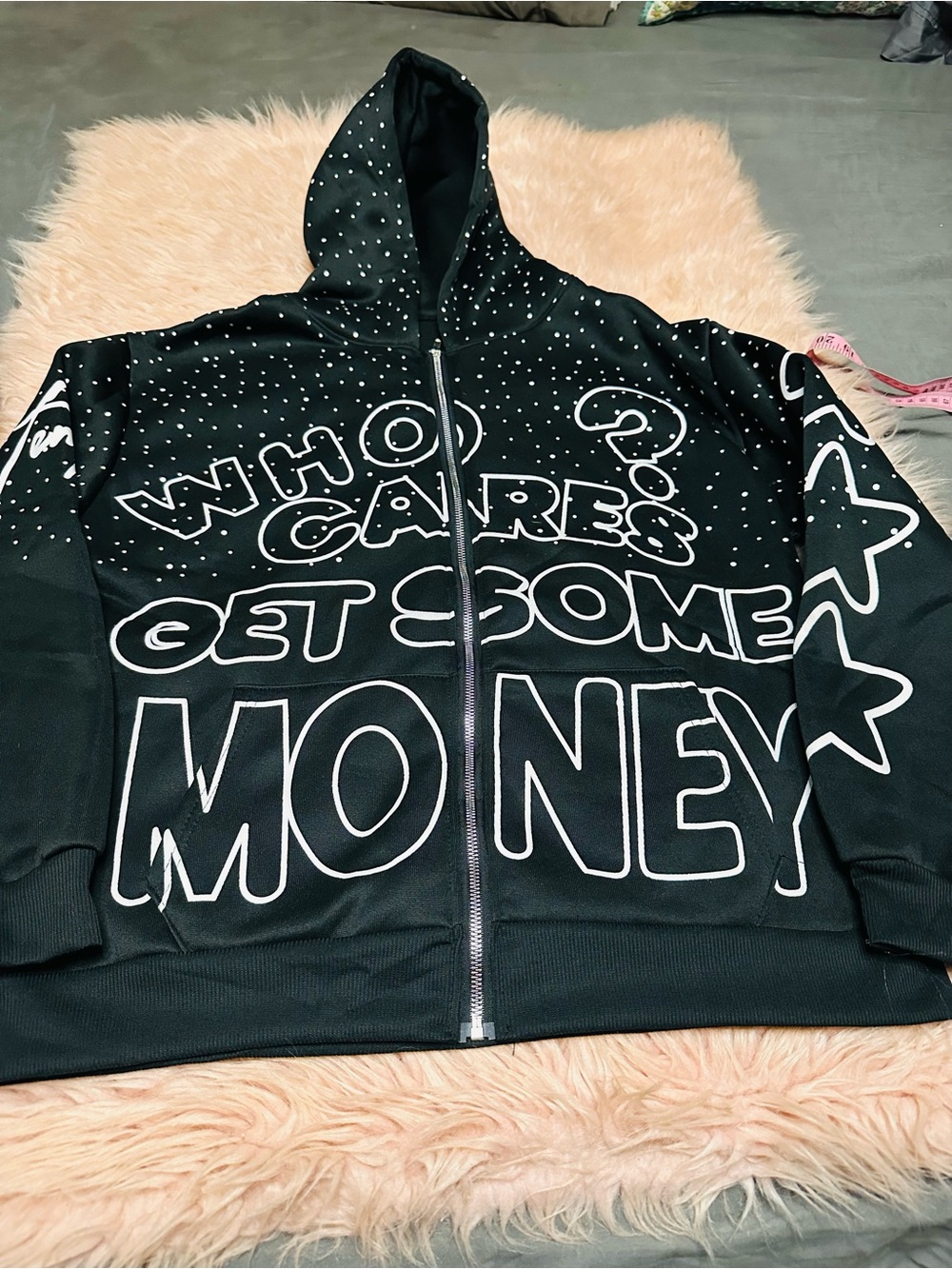 Black Zip Hoodie with Bold 'Who Cares? Get Some Money' Print